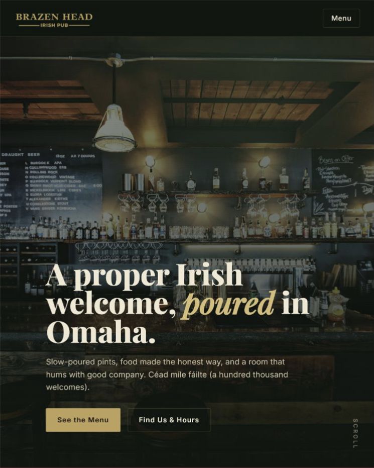 Brazen Head Irish Pub website shown on its live homepage
